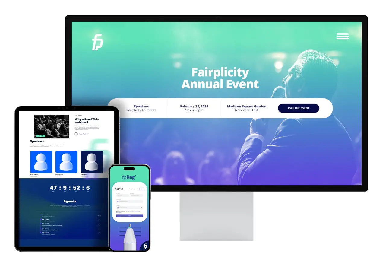 Conference website displayed across a desktop screen, tablet, and mobile phone.