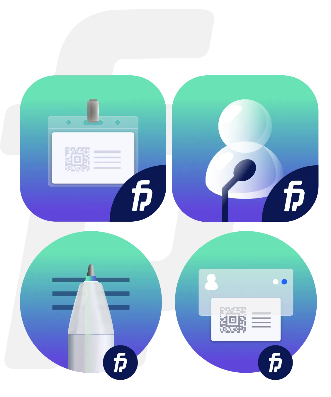 Fairplicity's suite of products: fpLeads, fpSessions, fpReg, and fpCheck-in & Badge Printing, each represented by a distinct icon.